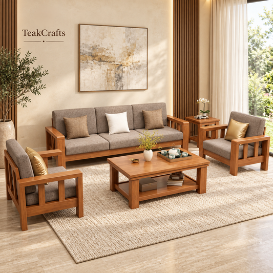 Classical Teak Wood Sofa Set by TeakCrafts — upholstered teak wood sofa design, image 1