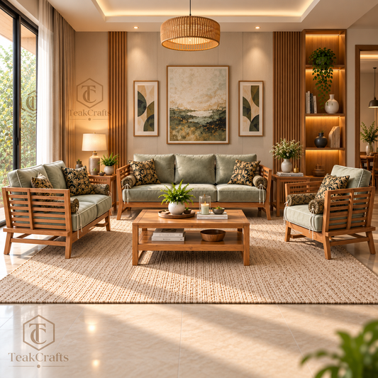 Emperor Teak Wood Sofa Set by TeakCrafts — upholstered teak wood sofa design, image 1