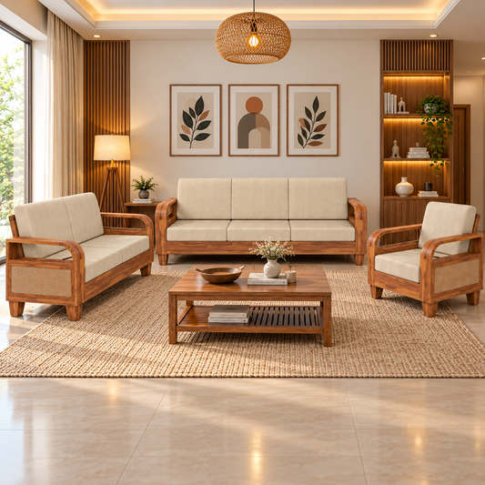 Nobel Teak Wood Sofa Set by TeakCrafts — upholstered teak wood sofa design, image 1