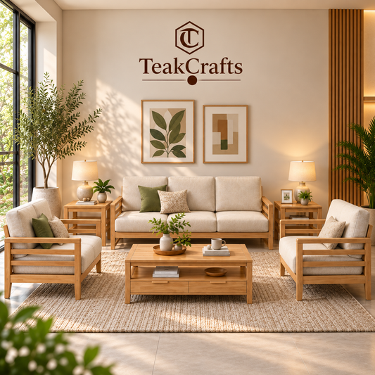 Sunburst Teak Wood Sofa Set by TeakCrafts — upholstered teak wood sofa design, image 1