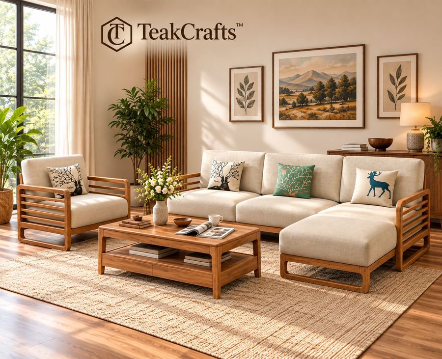 Monarch Teak Wood Sofa Set by TeakCrafts — upholstered teak wood sofa design, image 1