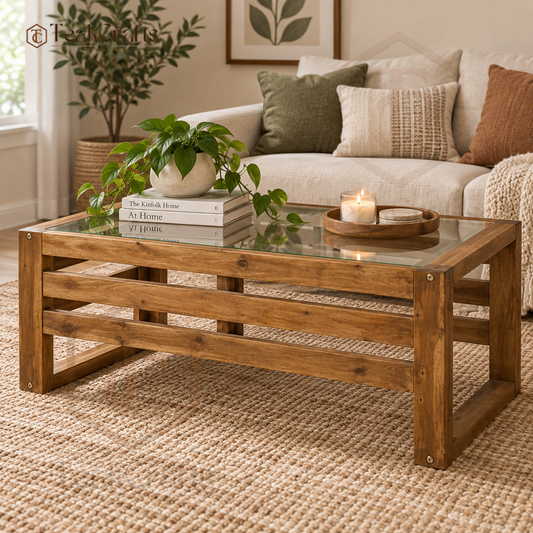 Glass Top Teak Wood Center Table by TeakCrafts — Teak Wood Center Table image 1