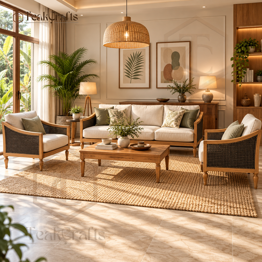 TeakCrafts Sterling Teak Wood sofa set shown with chairs and a coffee table in a living room