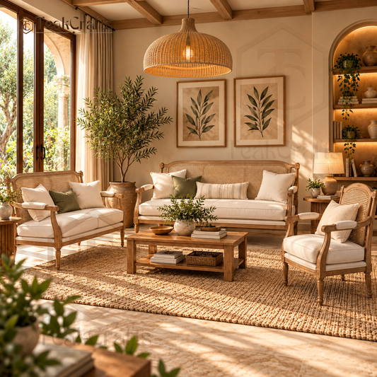 TeakCrafts Aspen Teak Wood sofa set shown with chairs and a coffee table in a living room