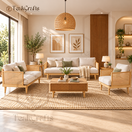 TeakCrafts Oakley Teak Wood sofa set shown with chairs and a coffee table in a living room
