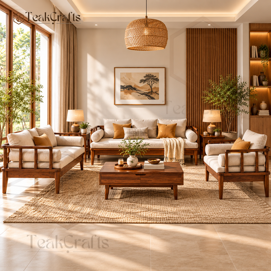 TeakCrafts Blossom Teak Wood sofa set shown with chairs and a coffee table in a living room