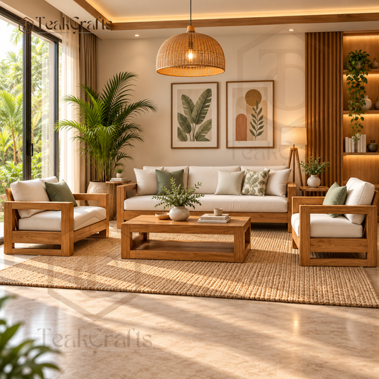 TeakCrafts Zayden Teak Wood sofa set shown with chairs and a coffee table in a living room